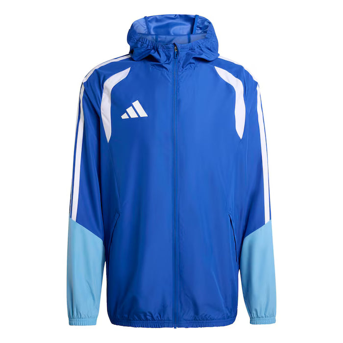 Blue jacket with white stripes and Adidas logo on a white background