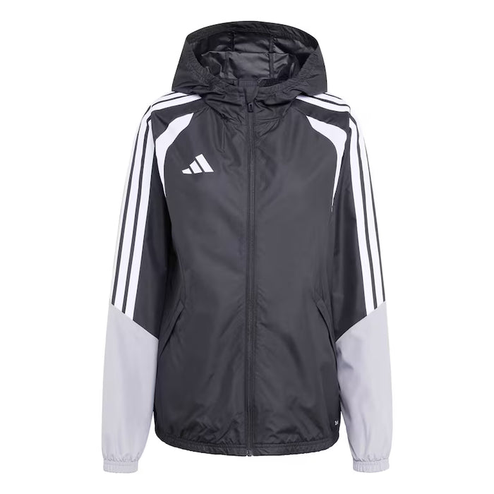 Gray raincoat with white stripes and Adidas logo on a white background