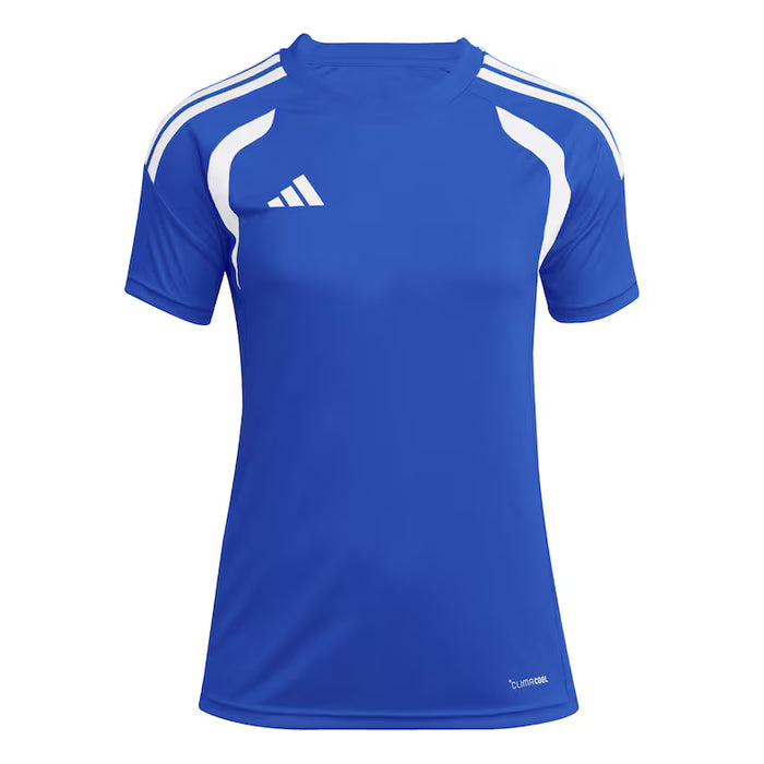 Blue sports jersey with white accents and Adidas logo on a white background