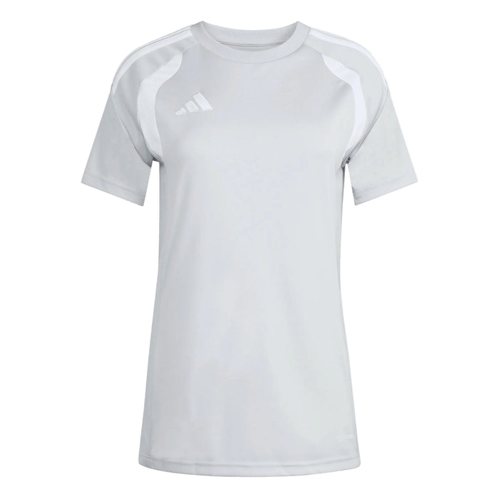 White athletic t-shirt with a logo on a light gray background