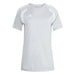 White athletic t-shirt with a logo on a light gray background
