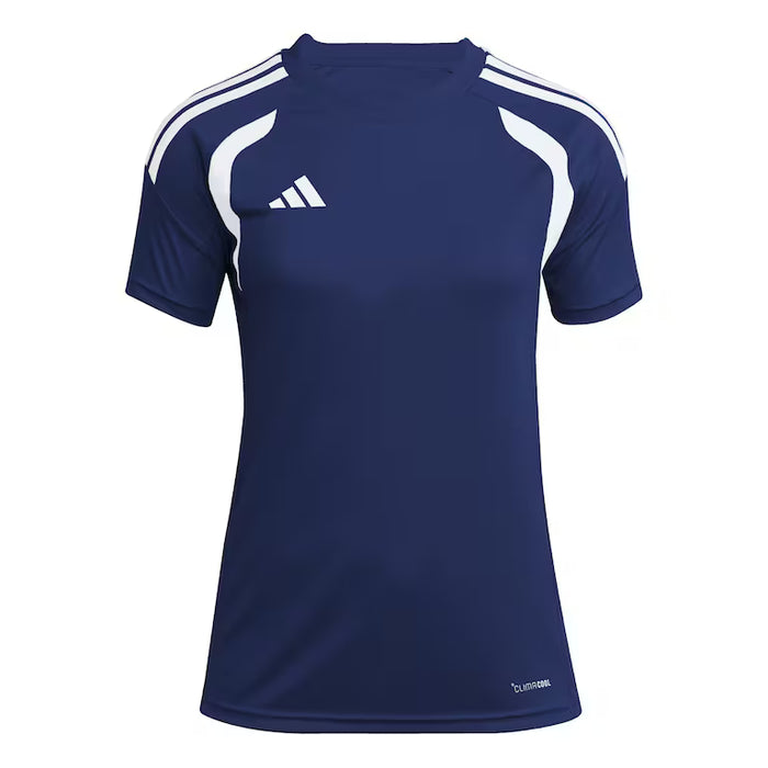 Blue sports jersey with white stripes and Adidas logo on a white background