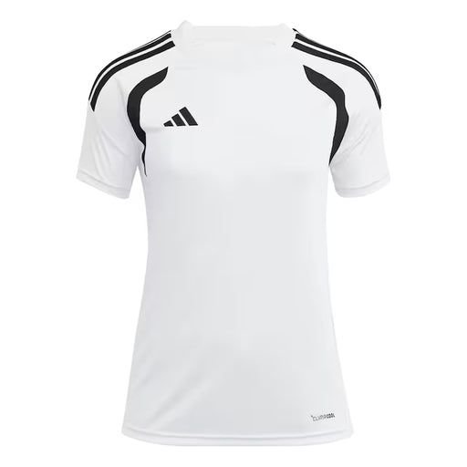 White sports jersey with black stripes and Adidas logo on a white background