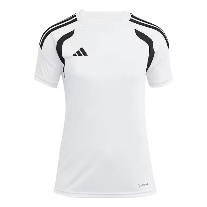 White sports jersey with black stripes and Adidas logo on a white background