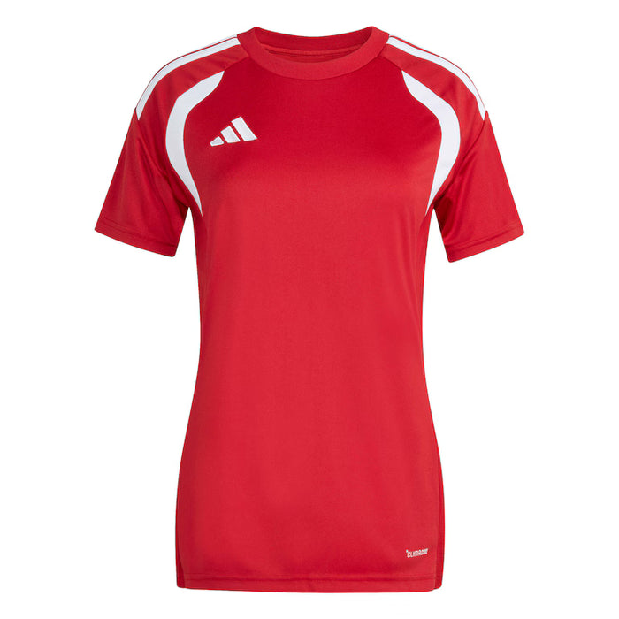 Red sports jersey with white accents and Adidas logo on a white background