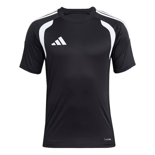 Black sports jersey with white accents and Adidas logo on a white background
