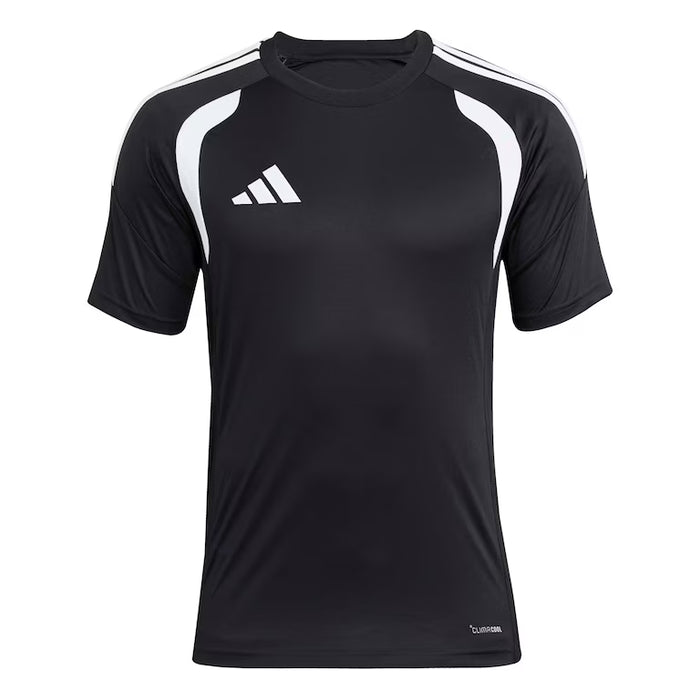 Black sports jersey with white accents and Adidas logo on a white background