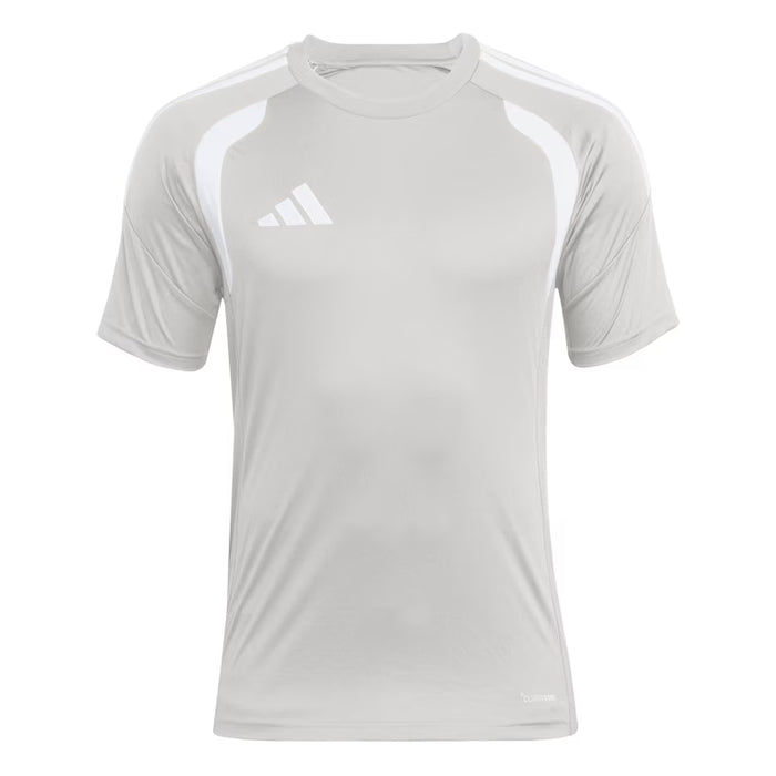 Gray athletic shirt with white accents and Adidas logo on a white background