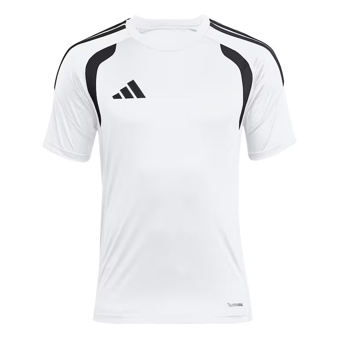 White sports jersey with black accents and Adidas logo on a white background