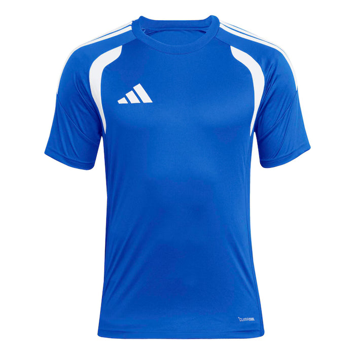 Blue athletic shirt with white stripes and Adidas logo on a white background