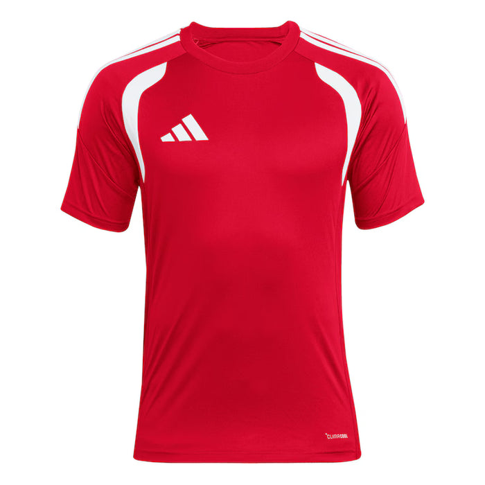 Red sports jersey with white accents and Adidas logo on a white background