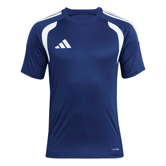 Blue athletic shirt with white stripes and Adidas logo on a white background