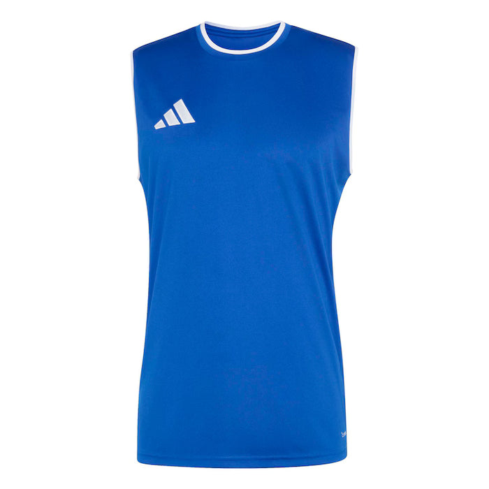 Blue sleeveless shirt with white collar and Adidas logo on a white background