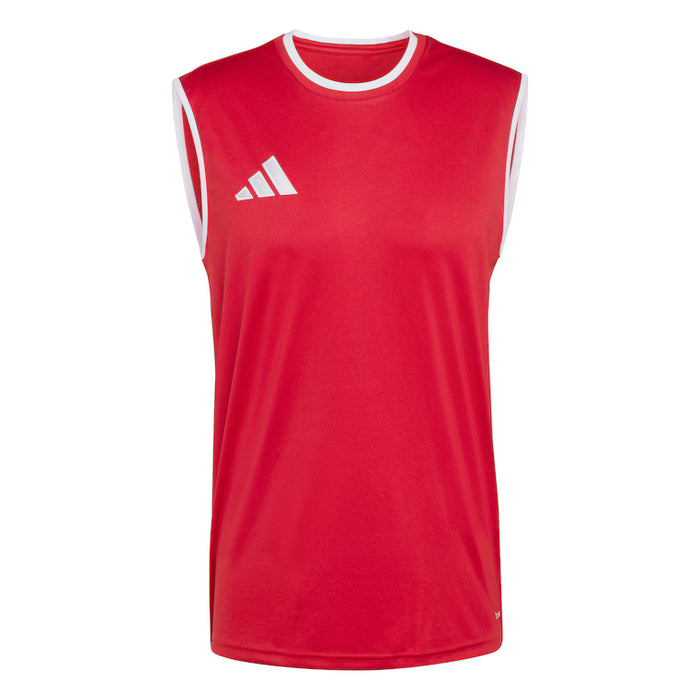Red sleeveless shirt with white Adidas logo on a white background
