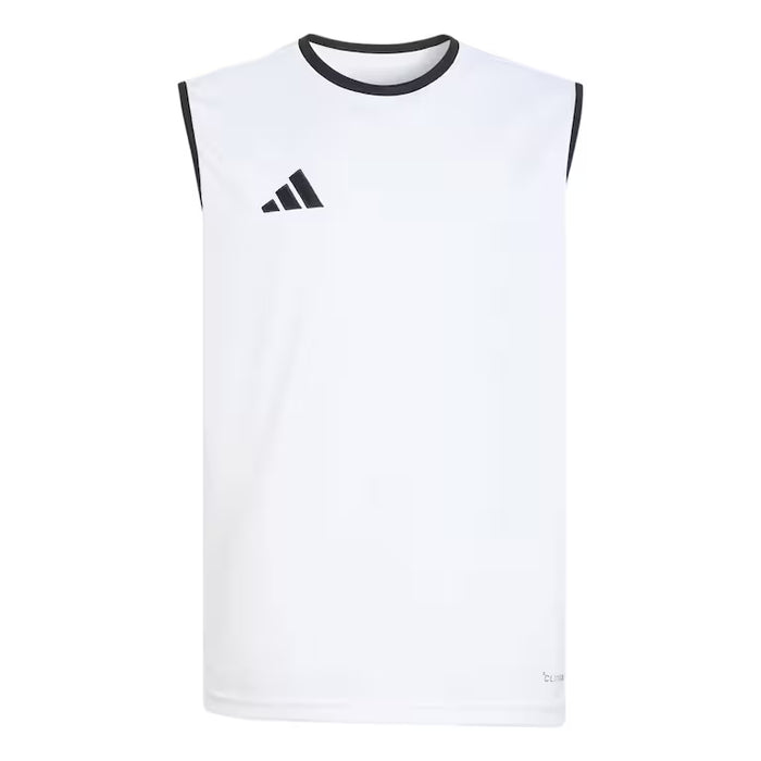 White sleeveless shirt with black Adidas logo on a white background