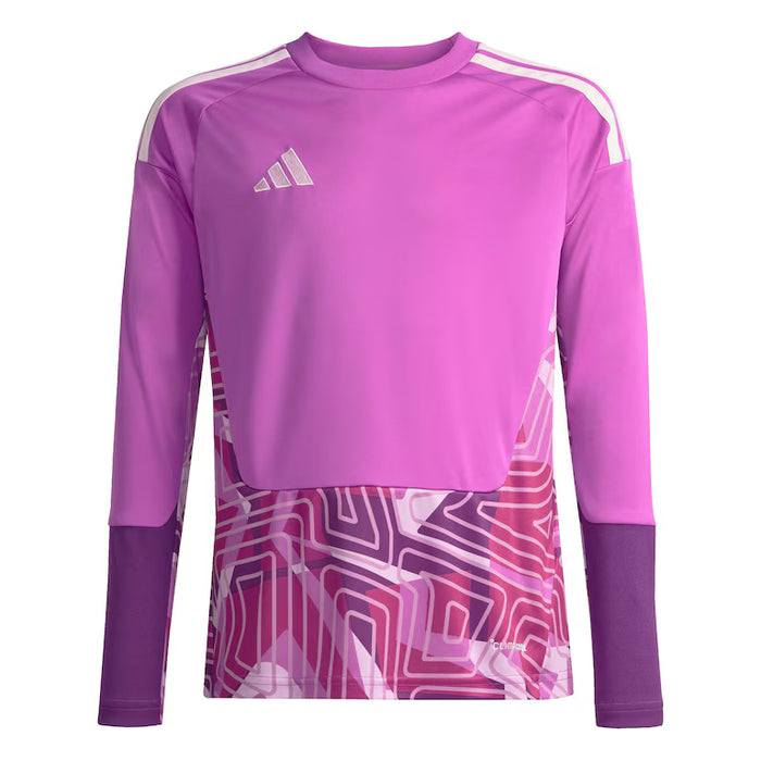 Purple long-sleeve sports shirt with geometric pattern and Adidas logo on a white background