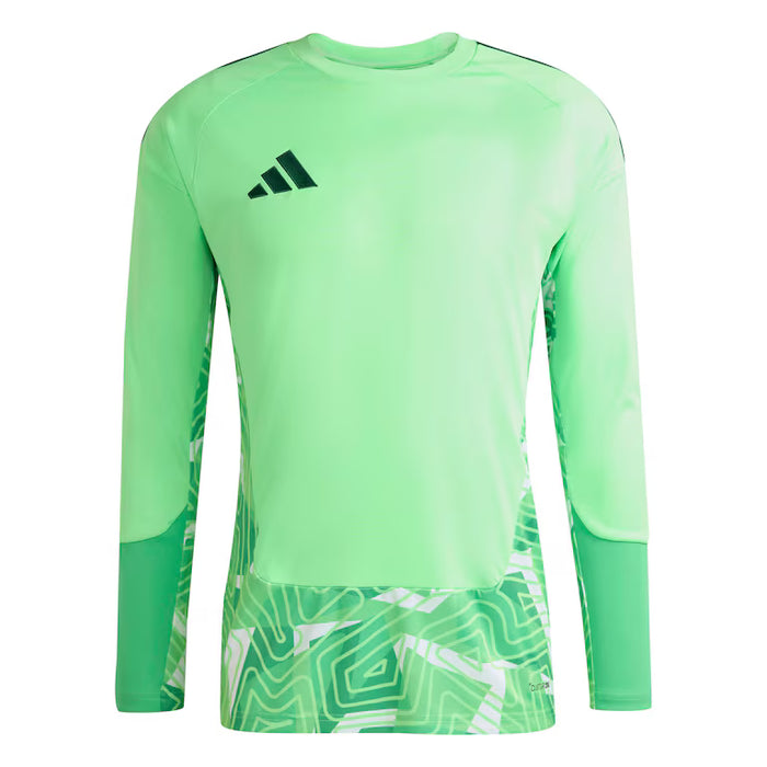 Green athletic long-sleeve shirt with Adidas logo on a white background