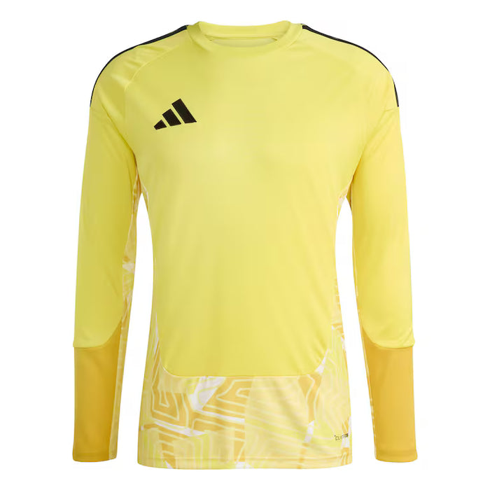 Yellow long-sleeve sports shirt with black Adidas logo on a white background