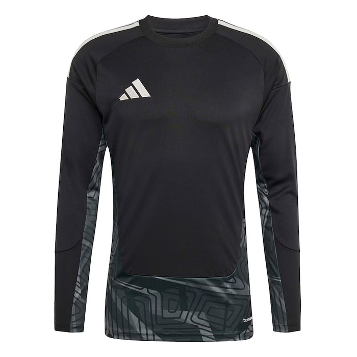 Black long-sleeve athletic shirt with Adidas logo on a white background