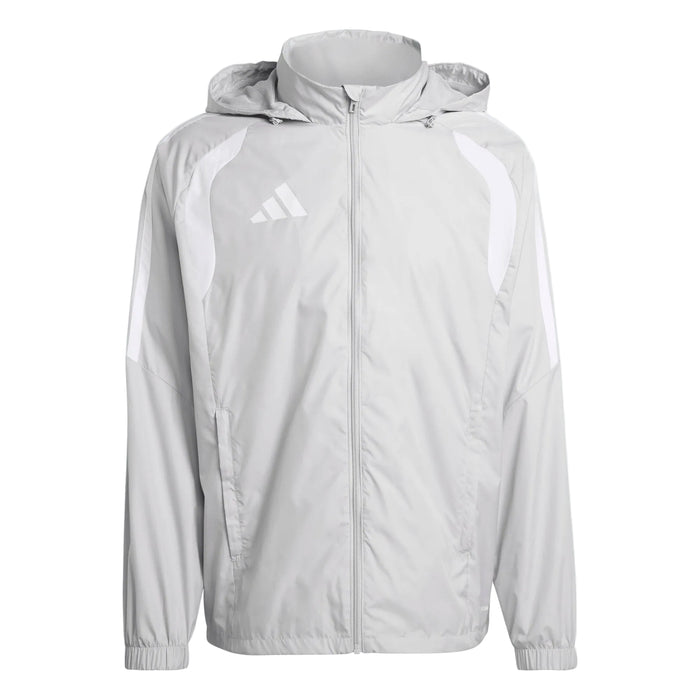 Light gray jacket with a hood and Adidas logo on a white background
