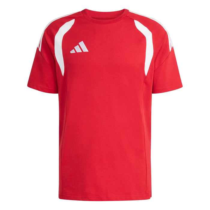 Red t-shirt with white accents and Adidas logo on a white background