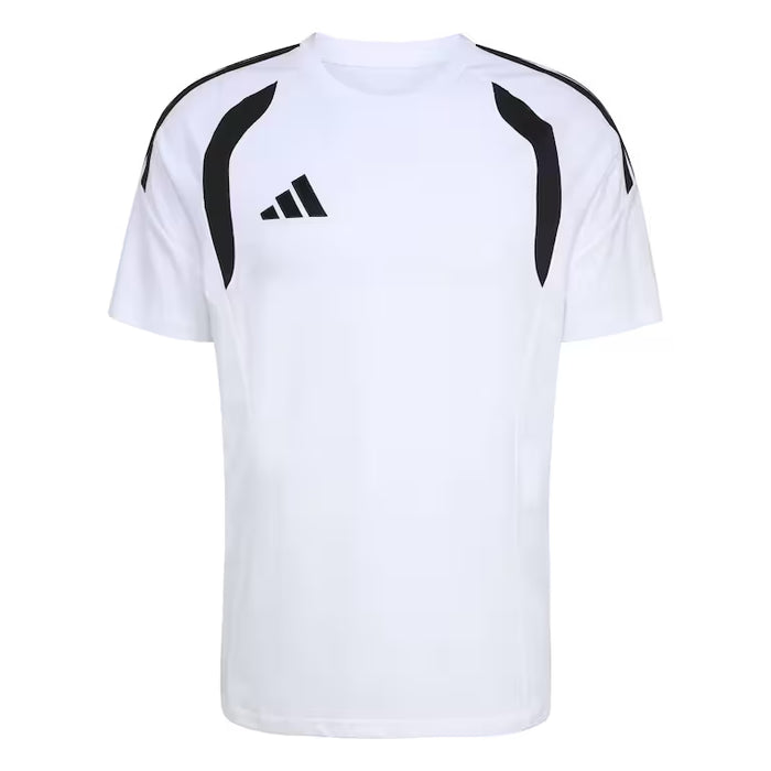 White t-shirt with black stripes on shoulders and Adidas logo on a white background