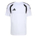 White t-shirt with black stripes on shoulders and Adidas logo on a white background