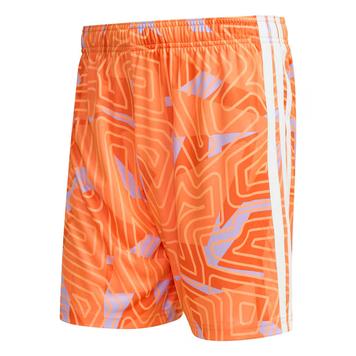 Orange swim shorts with a pattern and white stripes on a white background