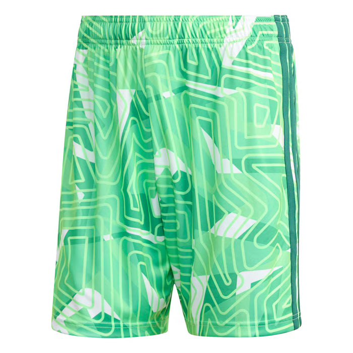 Green shorts with white geometric pattern on a white background