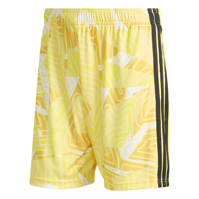 Yellow shorts with geometric pattern and black stripes on a white background