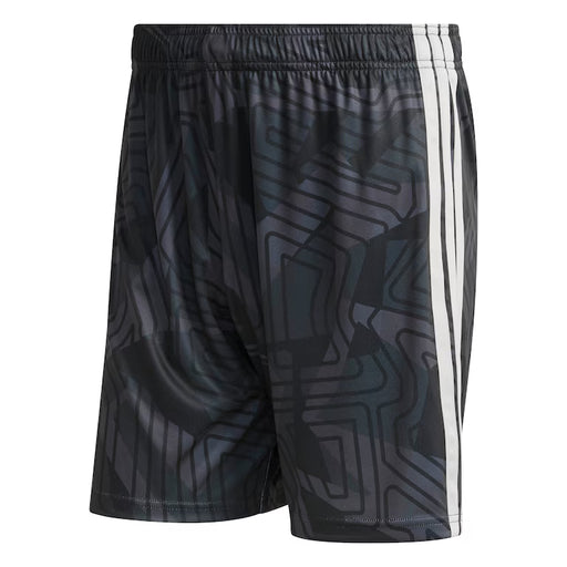 Black patterned shorts with white stripes on a white background
