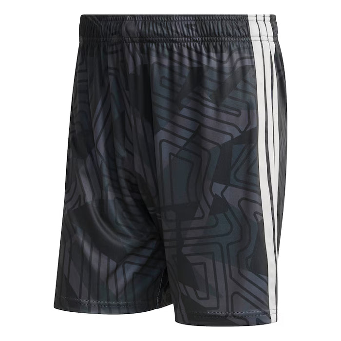 Black patterned shorts with white stripes on a white background
