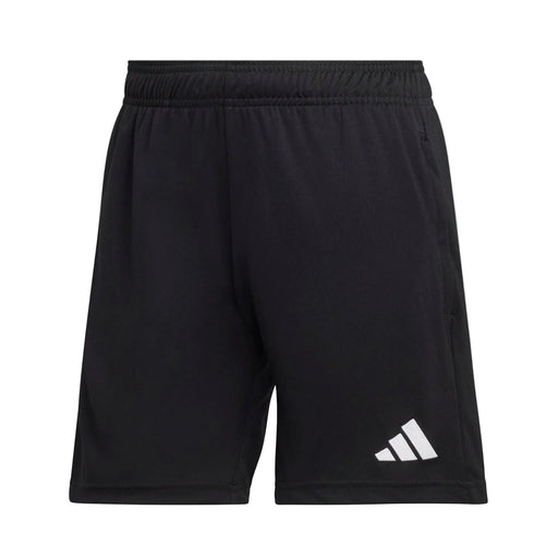 Black athletic shorts with a white logo on a white background