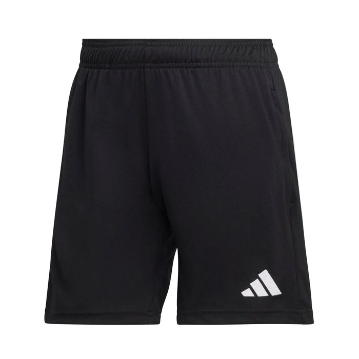 Black athletic shorts with a white logo on a white background