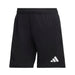 Black athletic shorts with a white logo on a white background