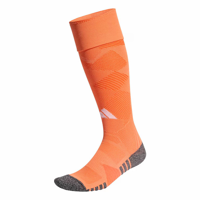 Orange knee-high sock with gray accents on a white background