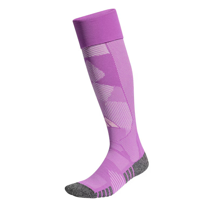 Purple knee-high sock with gray sole on a white background