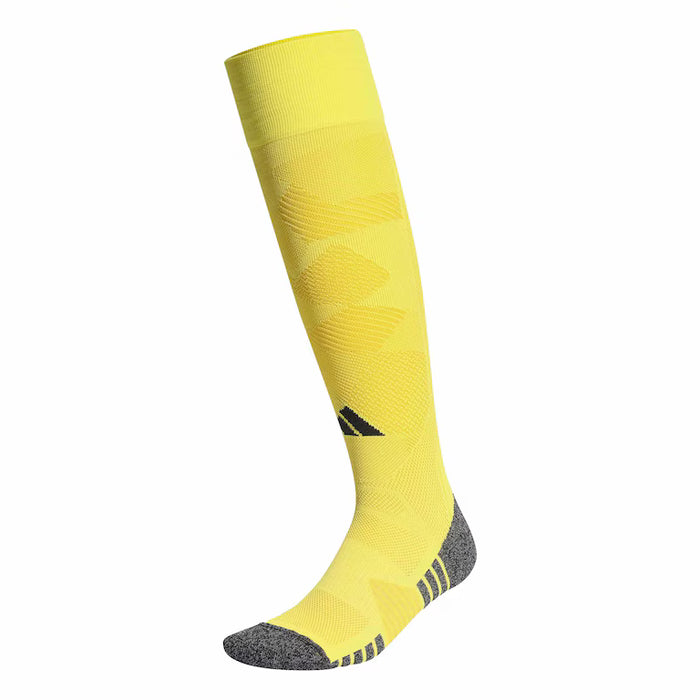 Yellow knee-high sock with a black logo on a white background