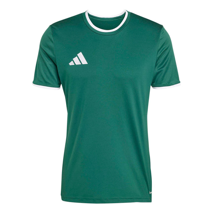 Green t-shirt with white collar and Adidas logo on a white background