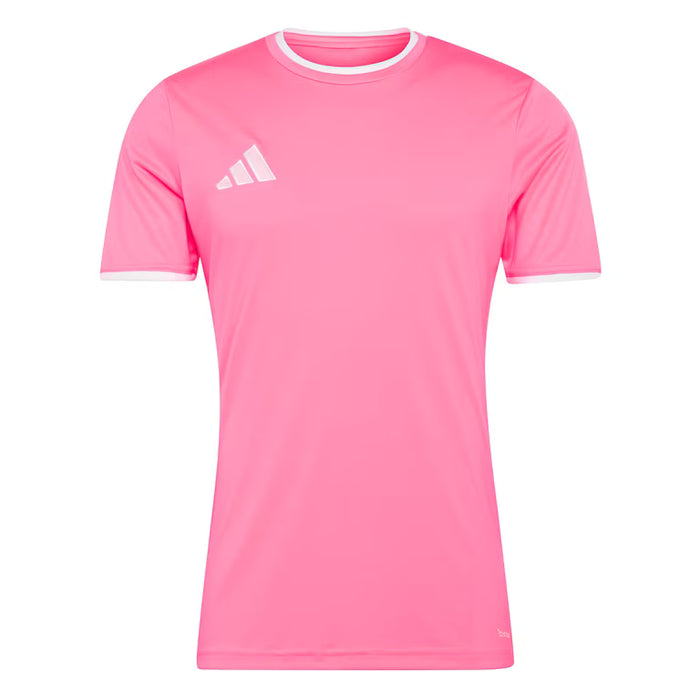 Pink t-shirt with white collar and Adidas logo on a white background