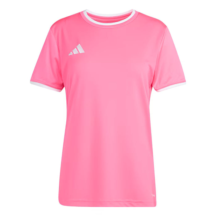 Pink t-shirt with a white logo on a white background