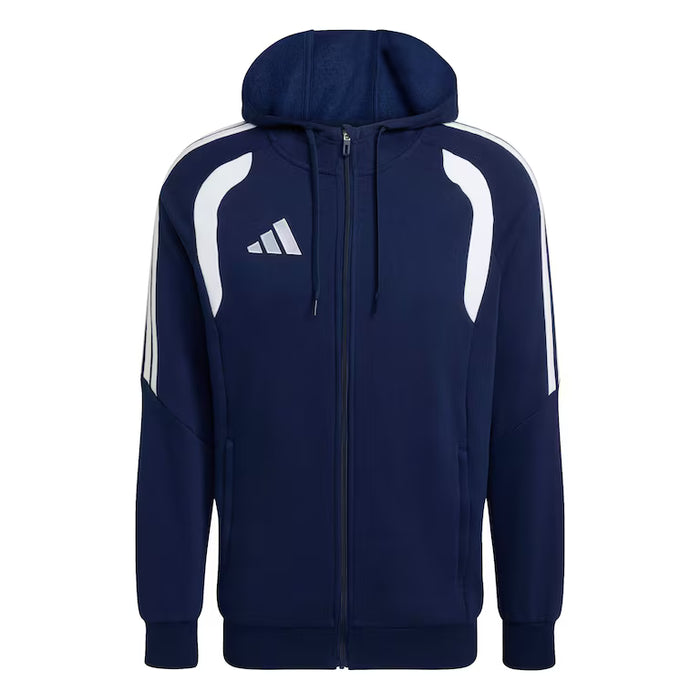 Navy blue hoodie with white stripes and Adidas logo on a white background