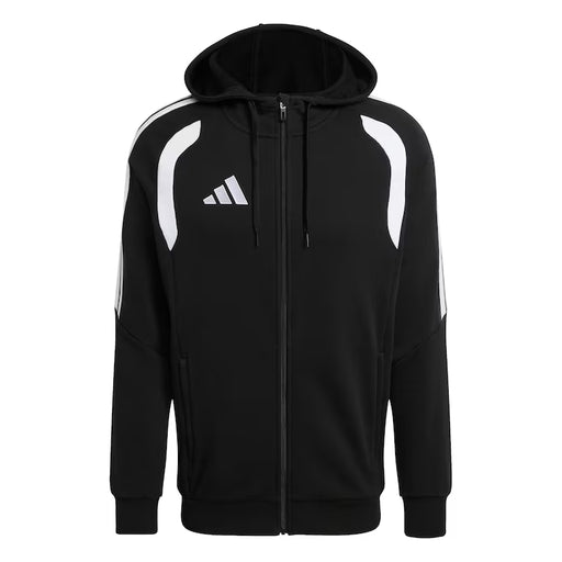 Black hoodie with white stripes and Adidas logo on a white background
