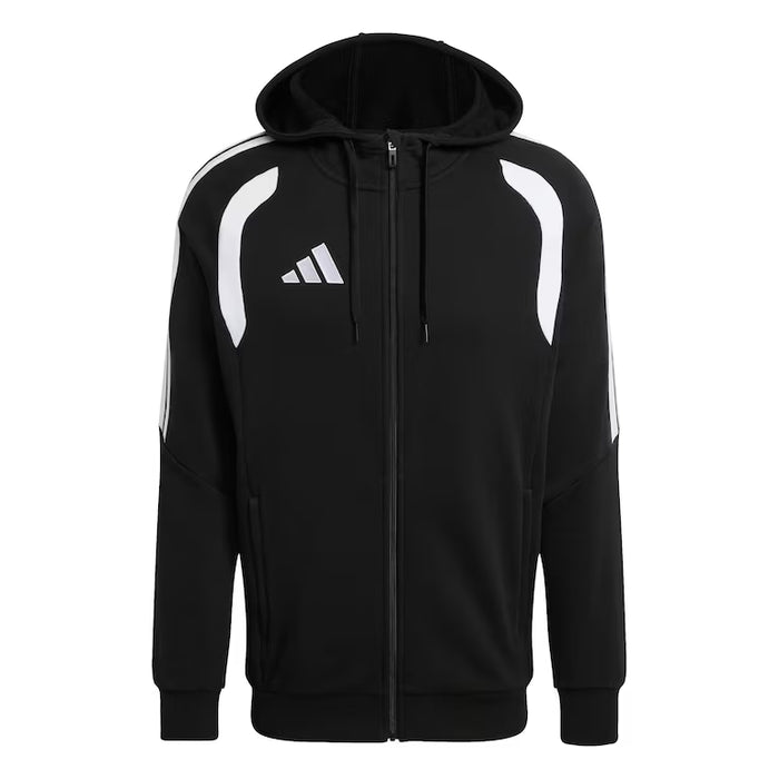 Black hoodie with white stripes and Adidas logo on a white background