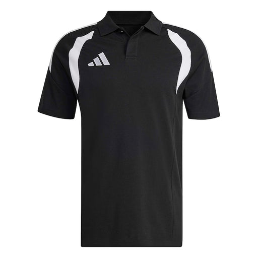Black t-shirt with a brand logo on a light gray background