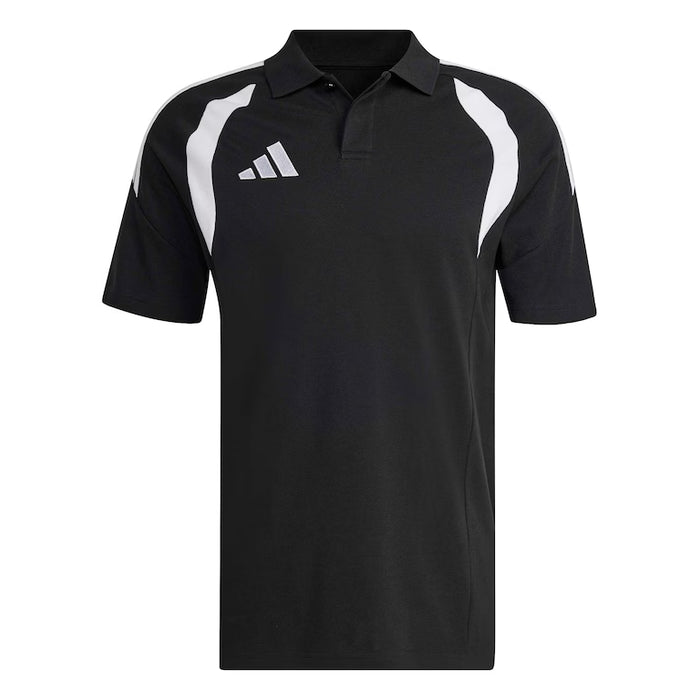 Black t-shirt with a brand logo on a light gray background