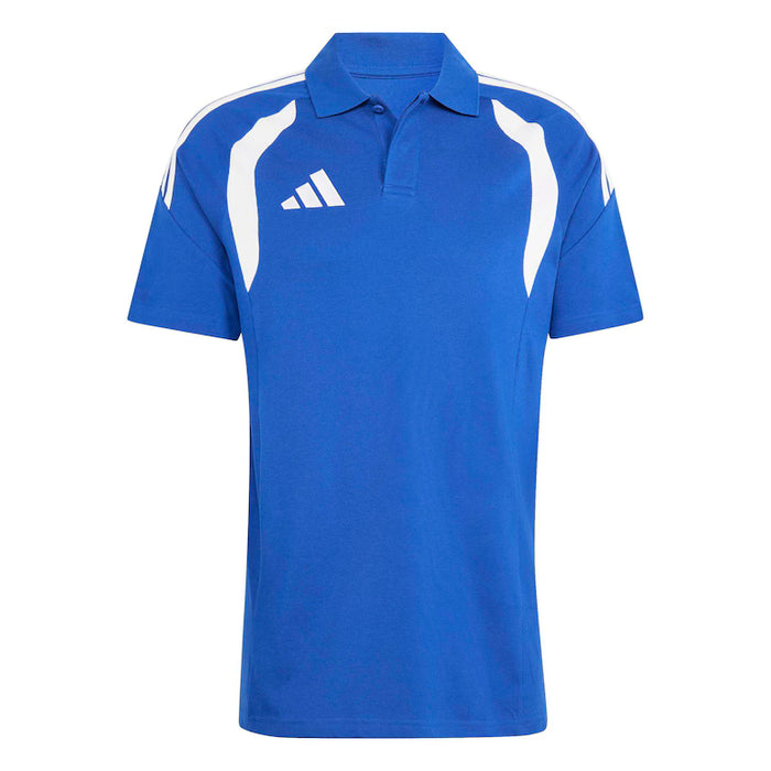 Blue polo shirt with white accents and Adidas logo on a white background