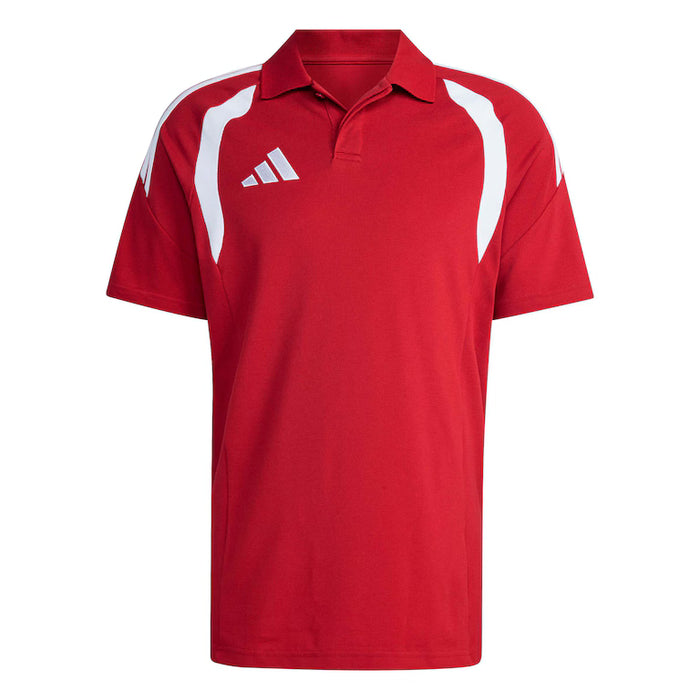 Red polo shirt with white accents and Adidas logo on a white background