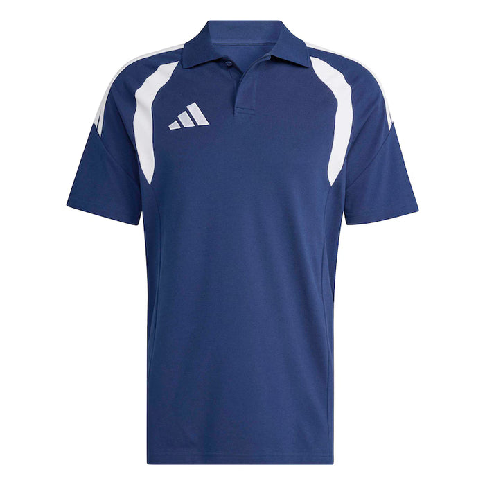 Blue polo shirt with white accents and Adidas logo on a white background