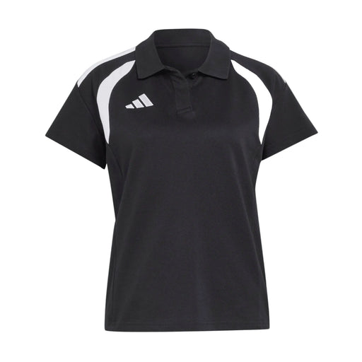 Black polo shirt with white accents and Adidas logo on a light gray background